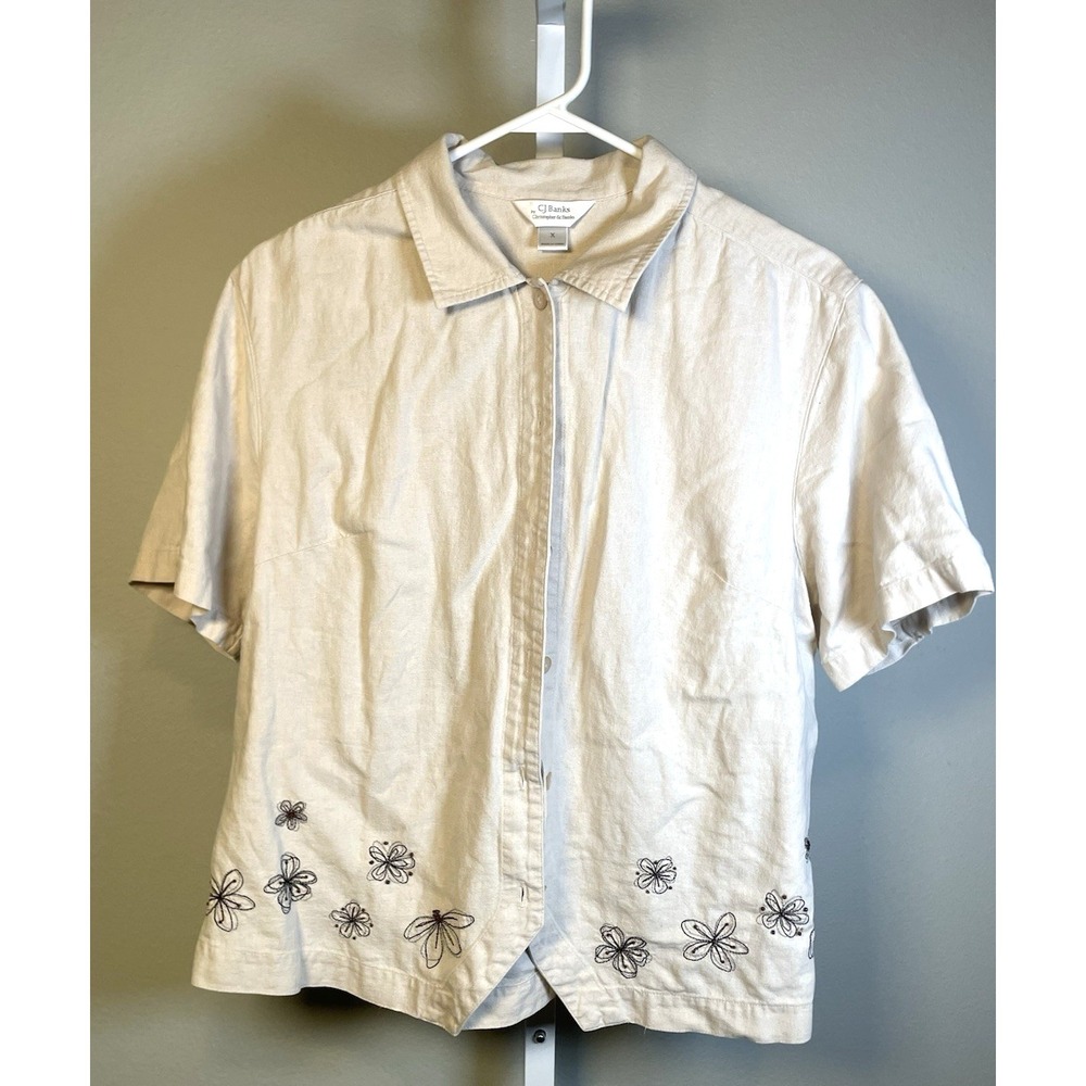 CJ Banks Linen Embroidered Shirt X Button Up Beige Plus Women's 14 Floral Spring